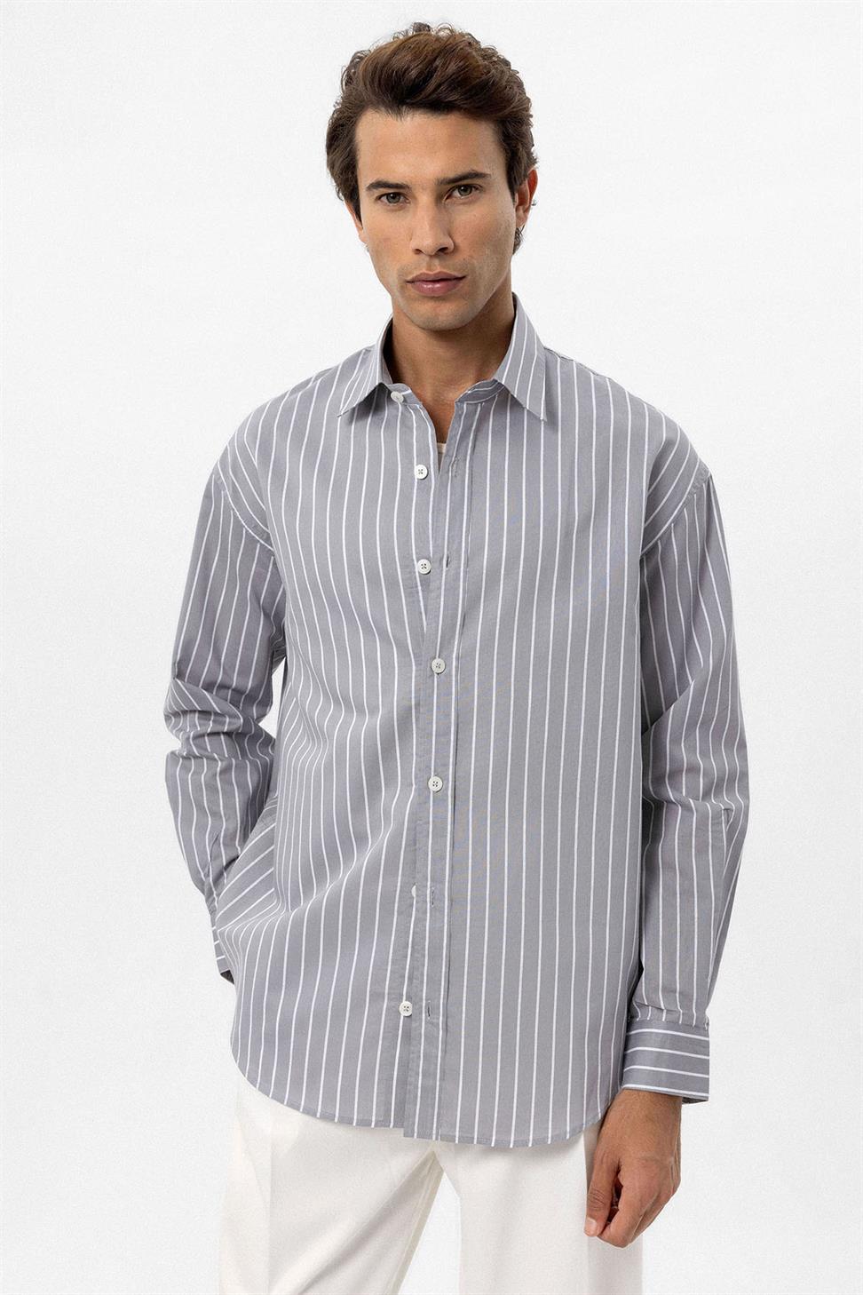 Antioch Gri Oversize Çizgili Erkek Gömlek