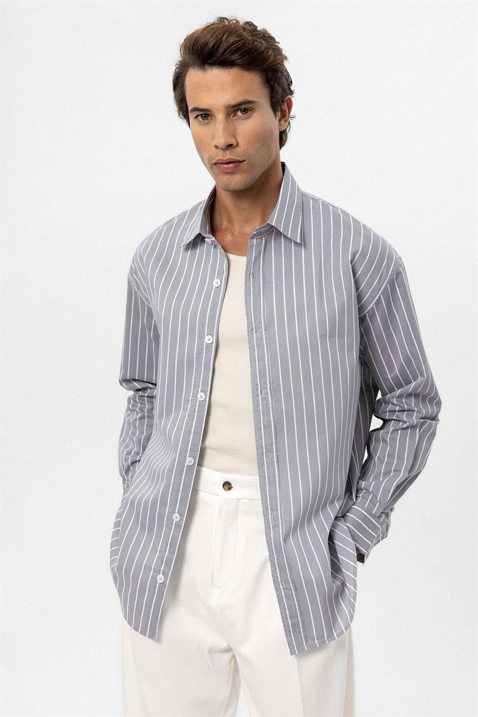 Antioch Gri Oversize Çizgili Erkek Gömlek