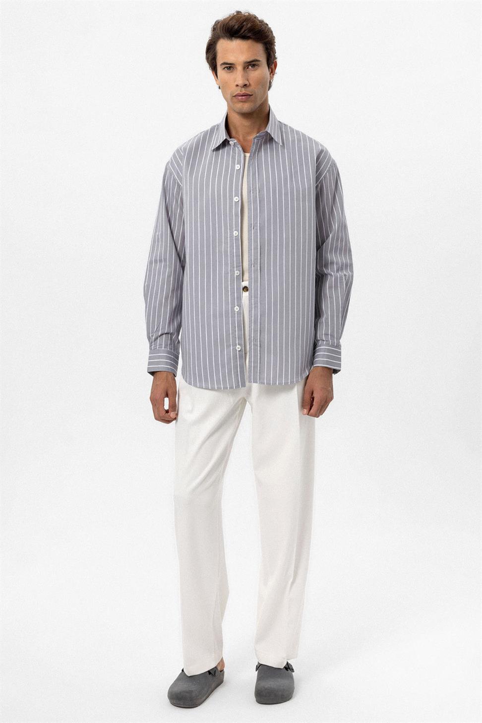 Antioch Gri Oversize Çizgili Erkek Gömlek