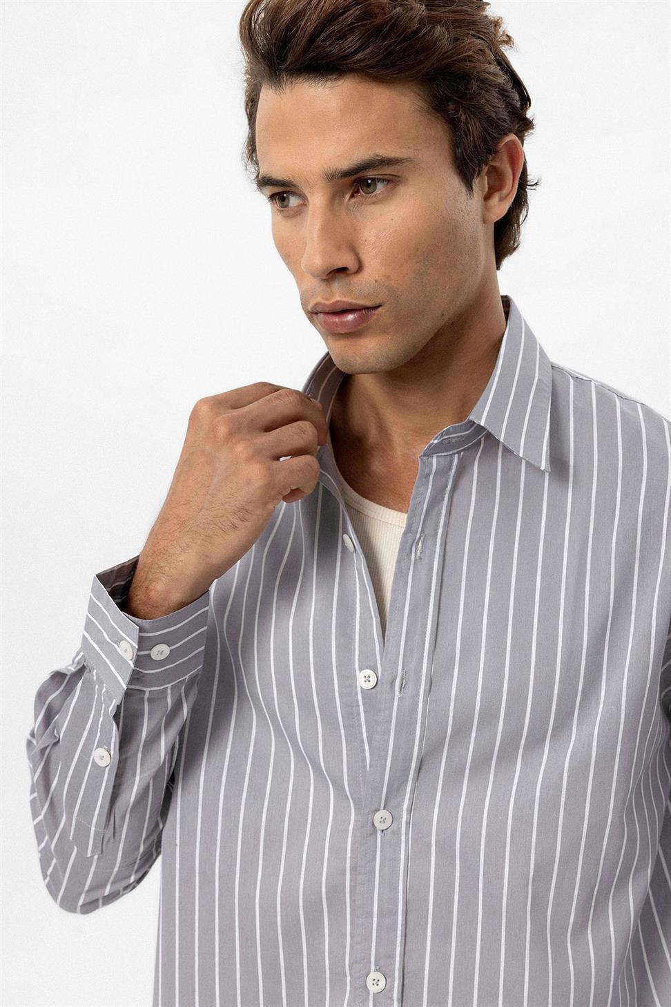Antioch Gri Oversize Çizgili Erkek Gömlek