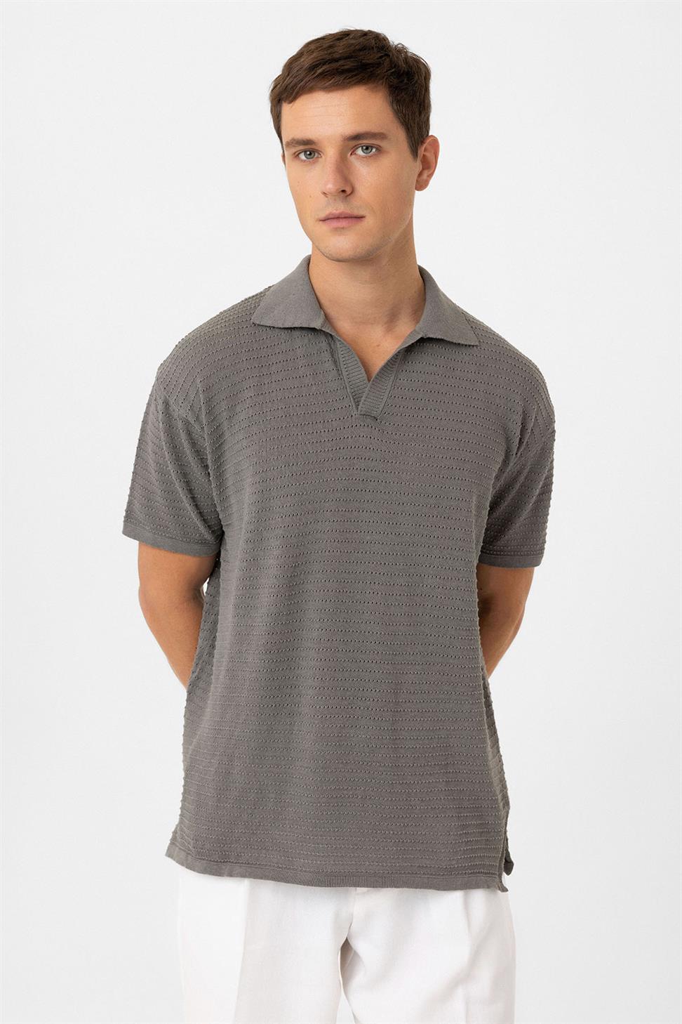 Antioch Gri Polo Yaka Dokulu Erkek Triko T-Shirt