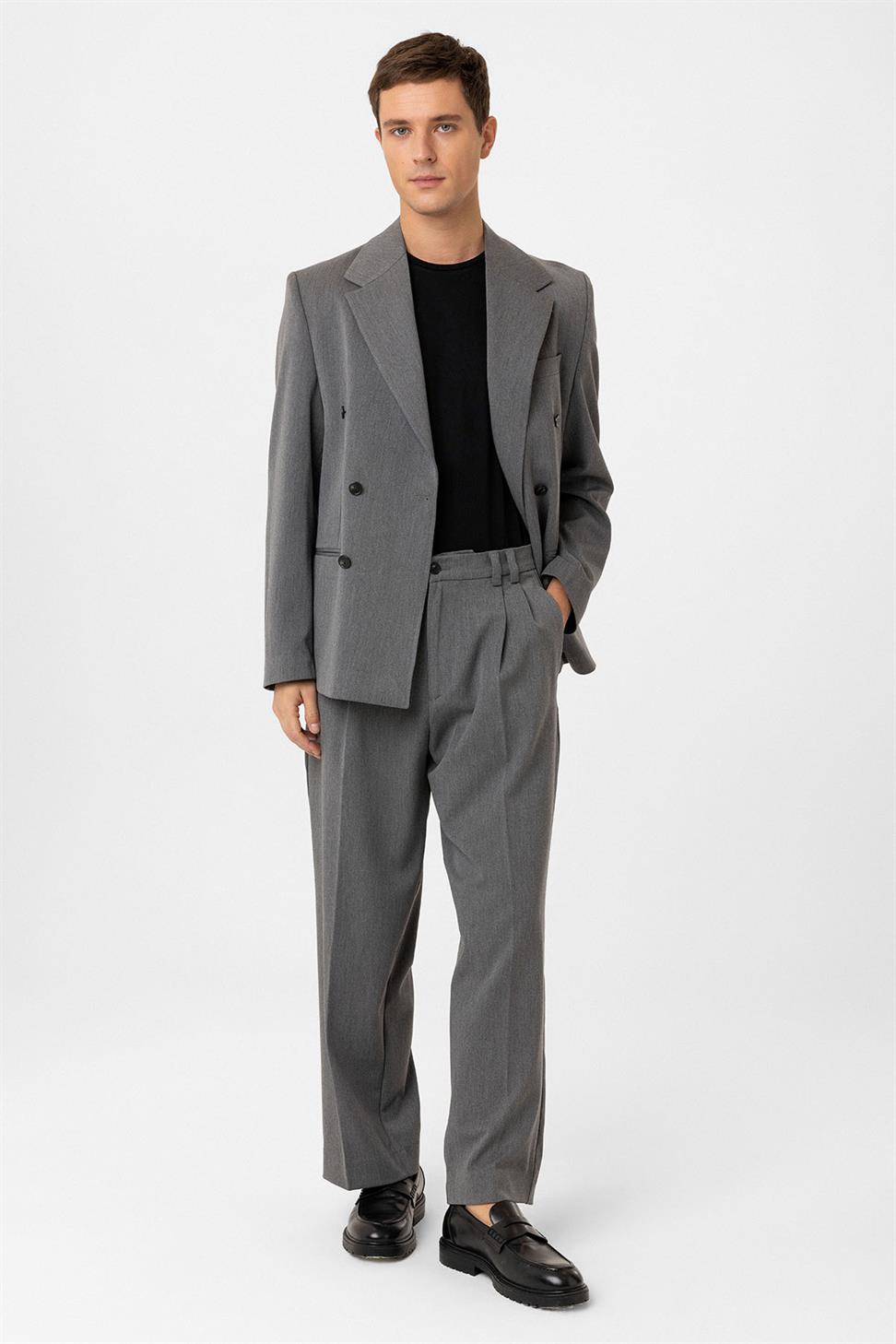 Antioch Gri Relax Fit Kruvaze Erkek Blazer Ceket