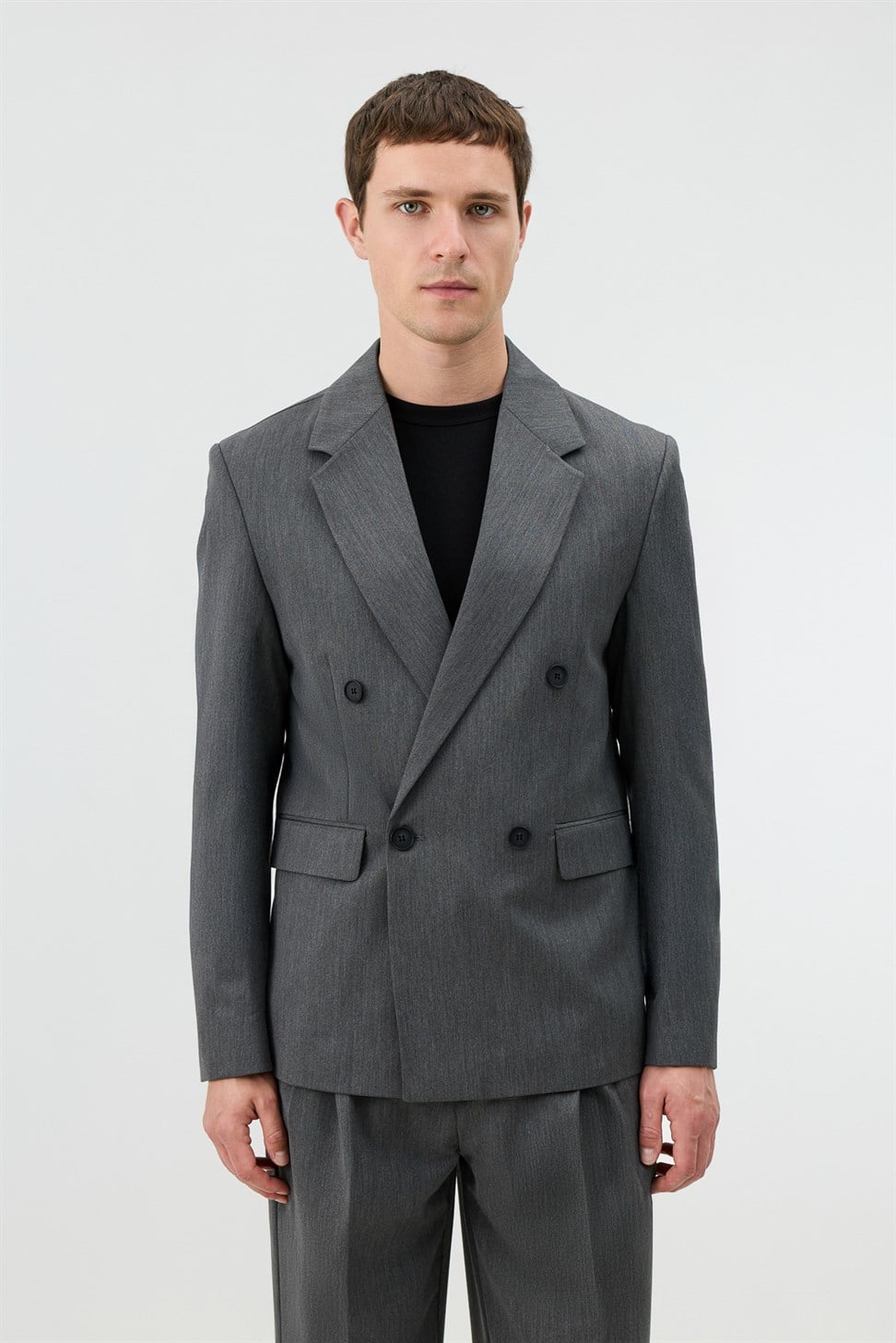Antioch Gri Relaxed Kruvaze Erkek Blazer Ceket