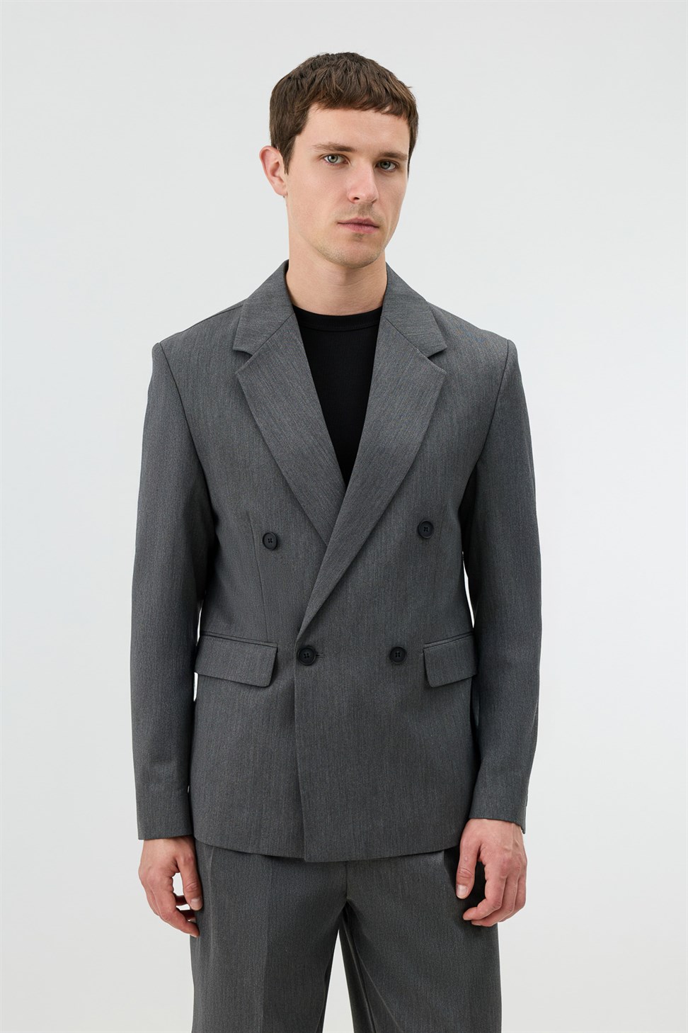 Antioch Gri Relaxed Kruvaze Erkek Blazer Ceket