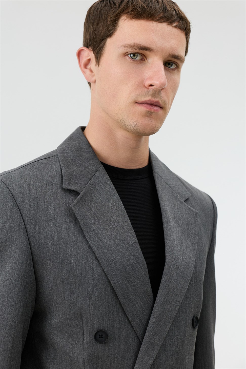 Antioch Gri Relaxed Kruvaze Erkek Blazer Ceket