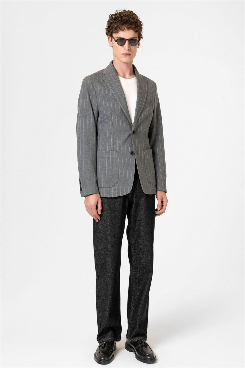 Antioch Gri Slim Fit Çizgili Erkek Blazer Ceket