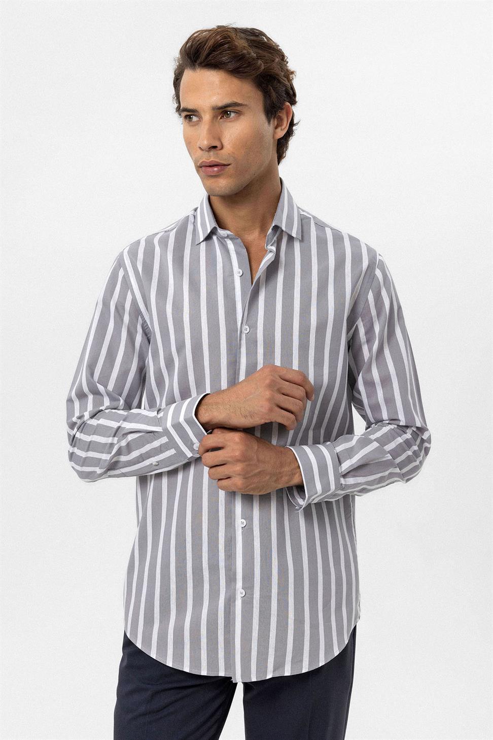 Antioch Gri Slim Fit Çizgili Erkek Gömlek