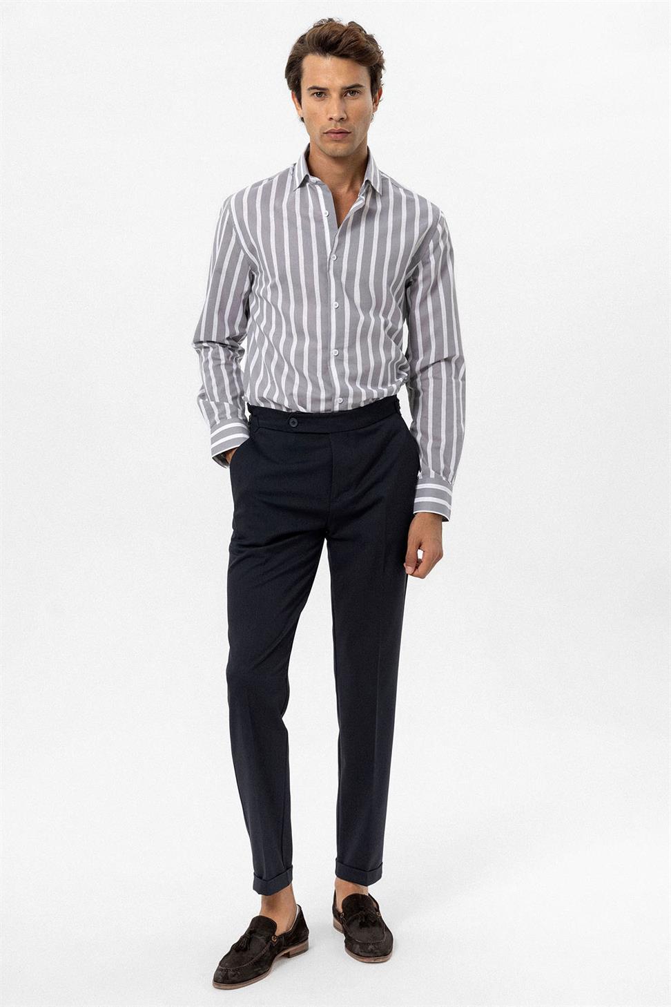 Antioch Gri Slim Fit Çizgili Erkek Gömlek