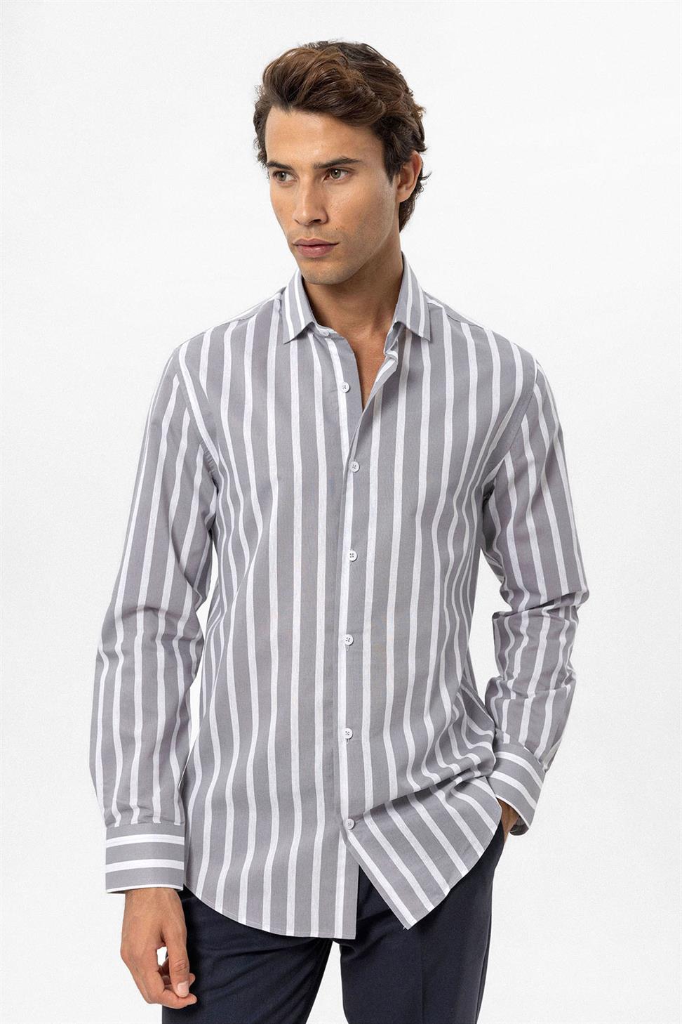 Antioch Gri Slim Fit Çizgili Erkek Gömlek