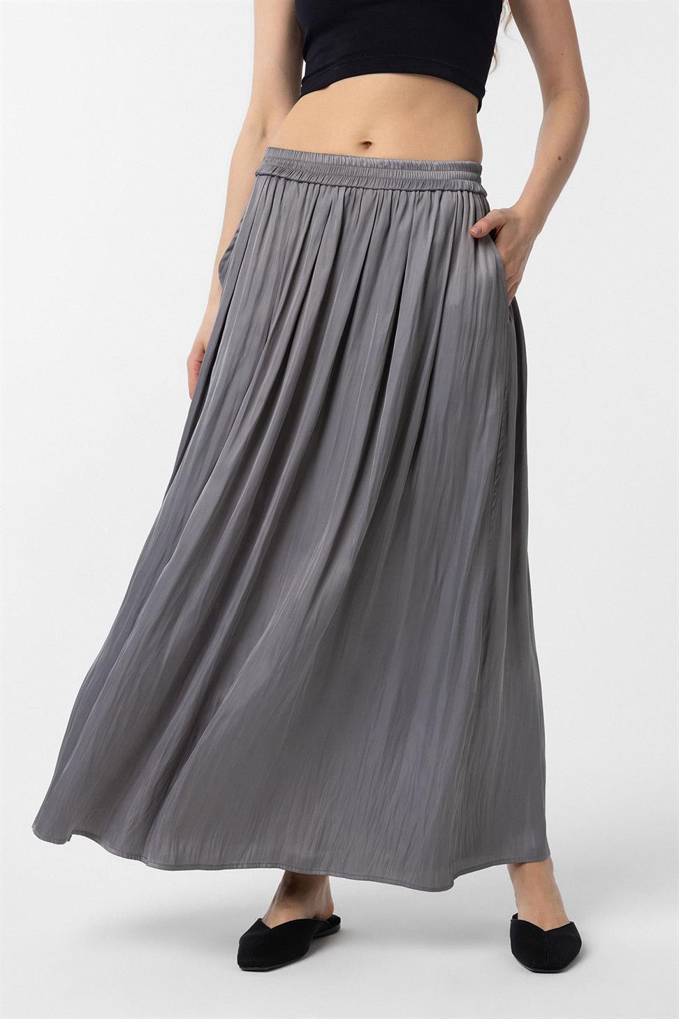 Antioch Gri Uzun Dökümlü Pilili Kadın Etek