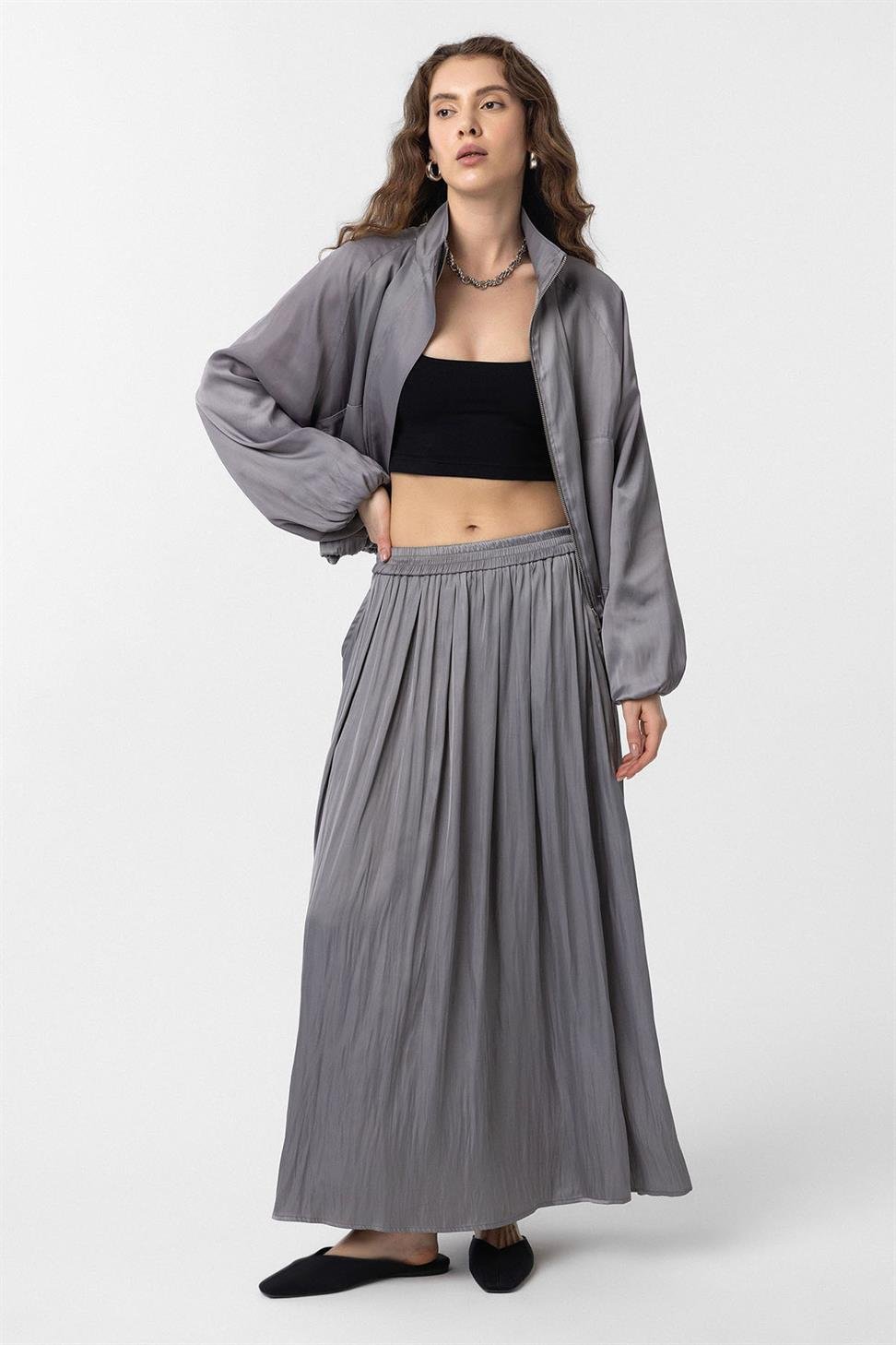 Antioch Gri Uzun Dökümlü Pilili Kadın Etek