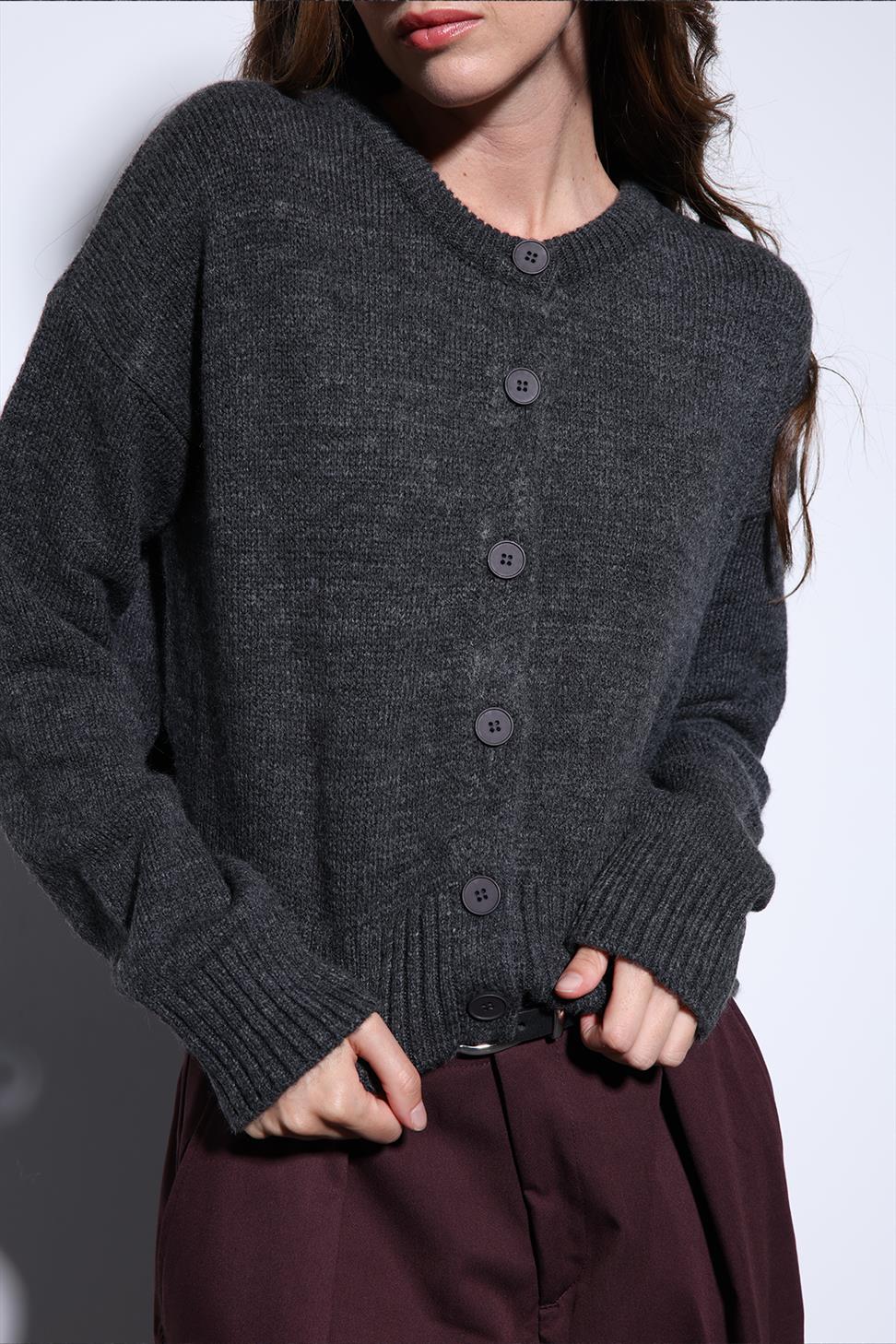 Antioch Gri Yırtmaçlı Örgü Triko Kadın Kazak