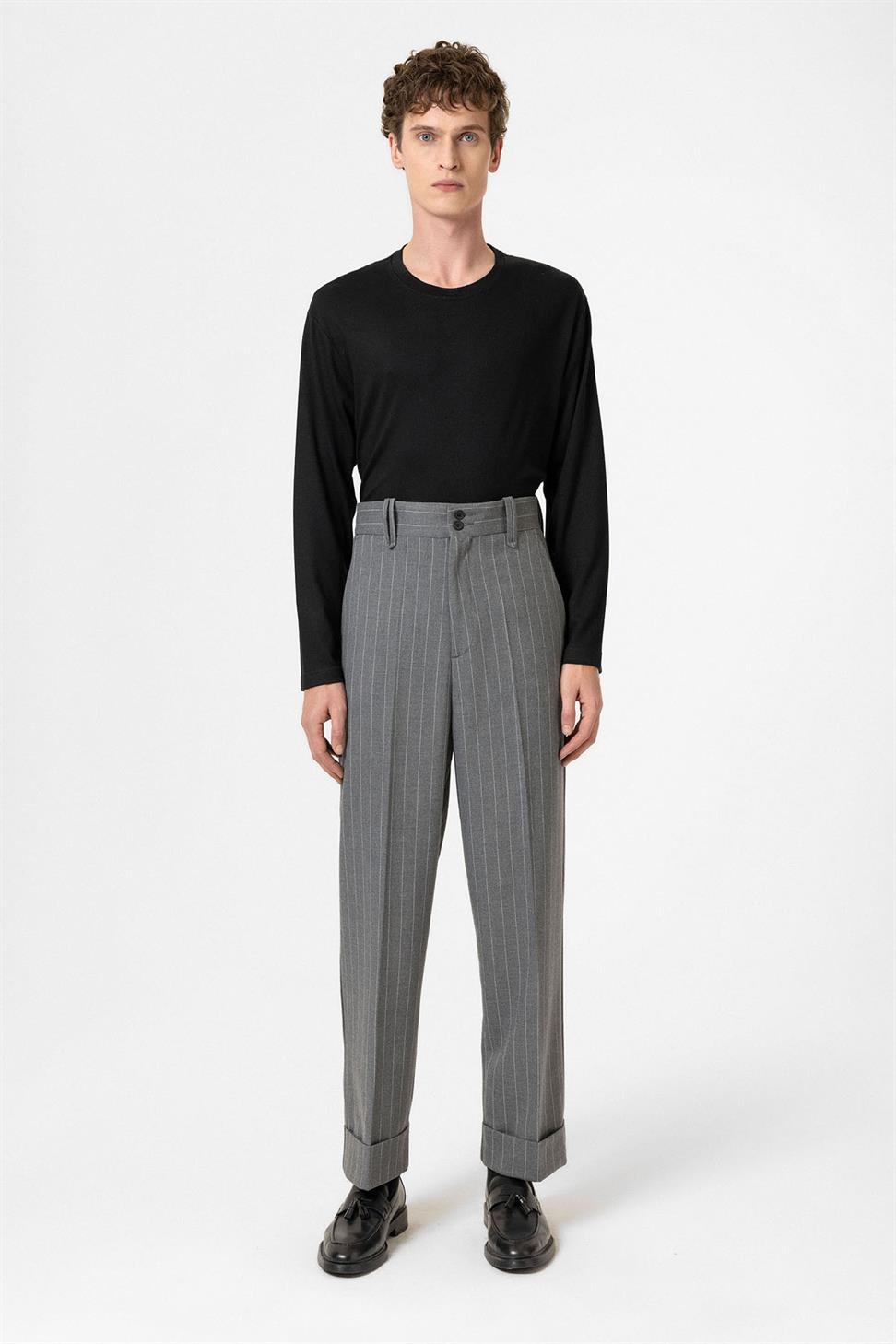 Antioch Gri Yüksek Bel Çizgili Relaxed Fit Erkek Pantolon