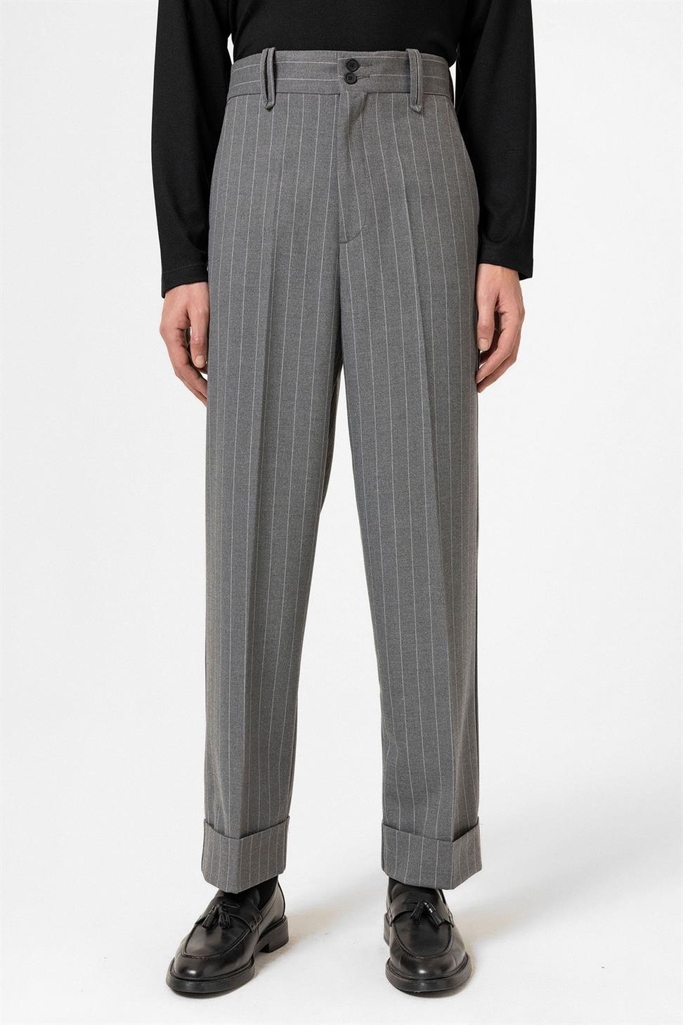 Antioch Gri Yüksek Bel Çizgili Relaxed Fit Erkek Pantolon