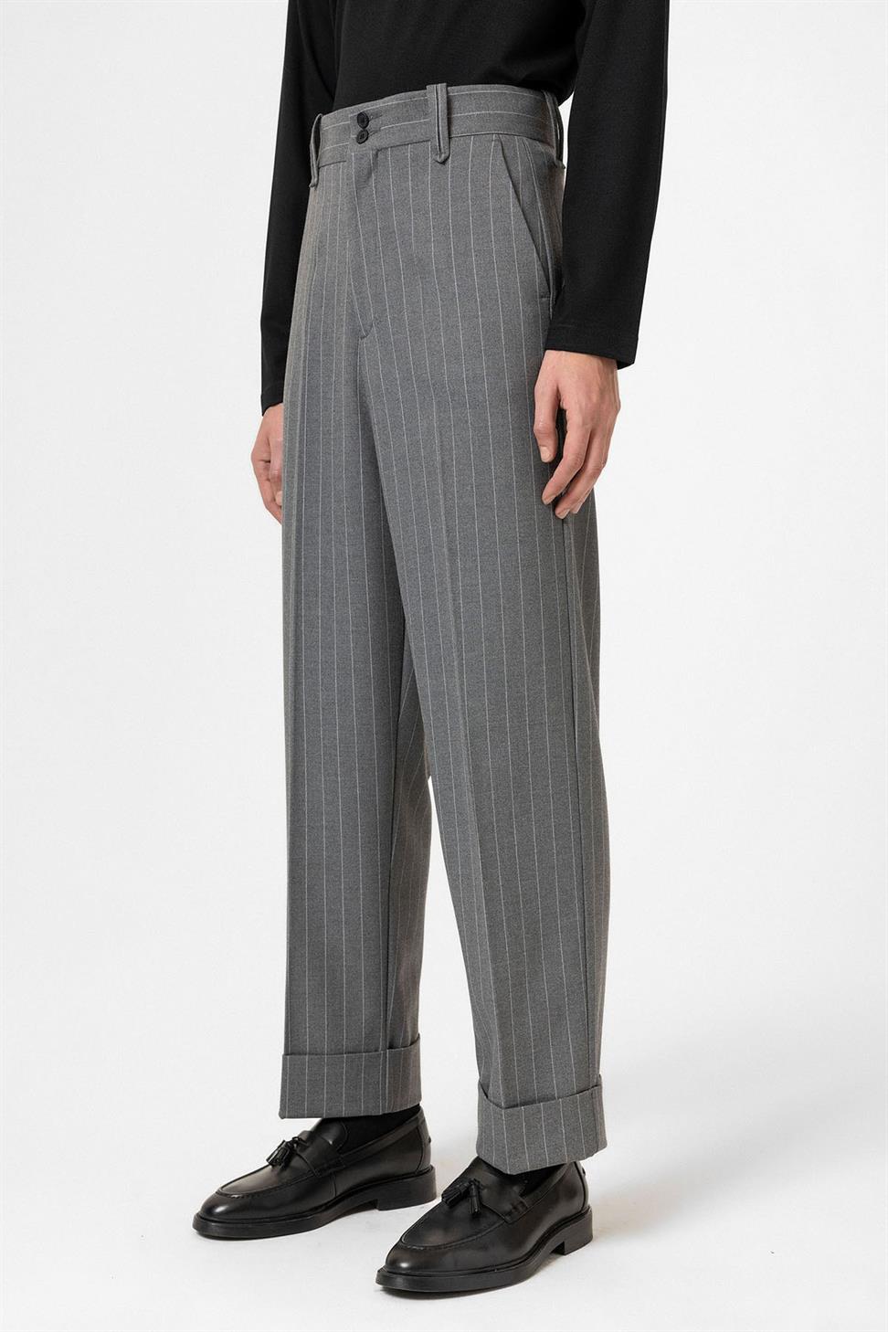 Antioch Gri Yüksek Bel Çizgili Relaxed Fit Erkek Pantolon