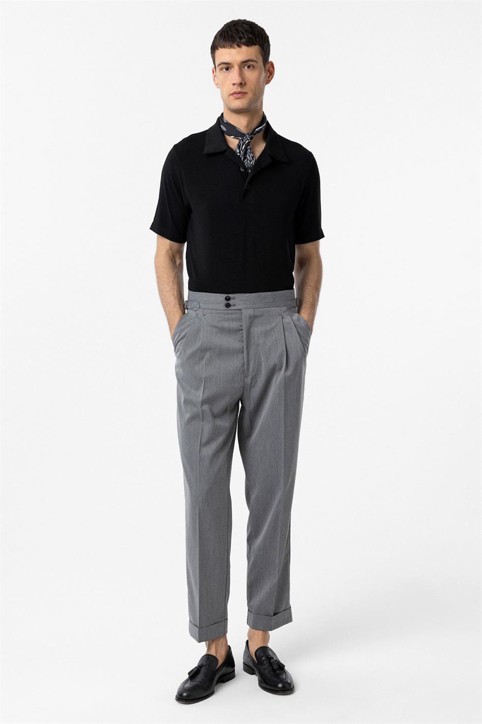 Antioch Gri Yüksek Bel İtalyan Kalıp Pileli Erkek Pantolon