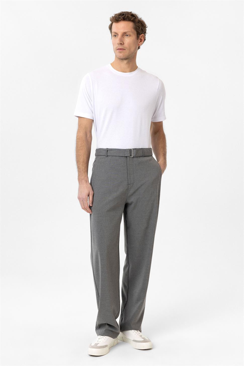 Antioch Gri Yüksek Bel Kemerli Erkek Pantolon