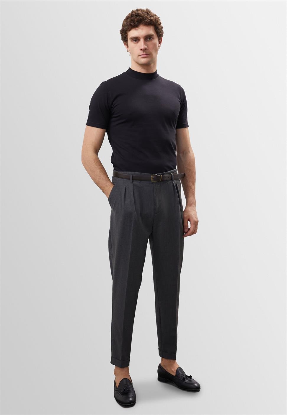 Antioch Gri Yüksek Bel Kemerli Pantolon