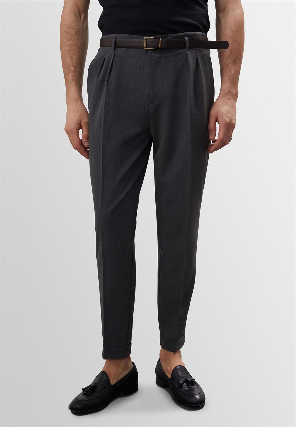 Antioch Gri Yüksek Bel Kemerli Pantolon