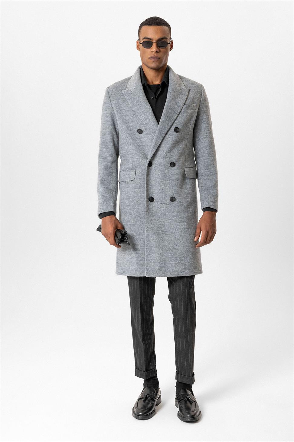 Antioch Gri Yün Karışımlı Kruvaze Erkek Kaban