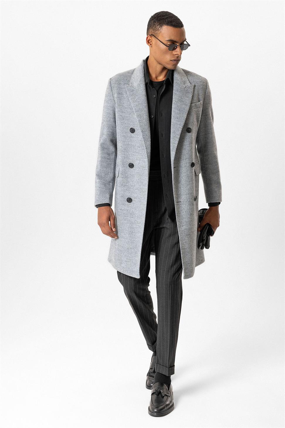 Antioch Gri Yün Karışımlı Kruvaze Erkek Kaban