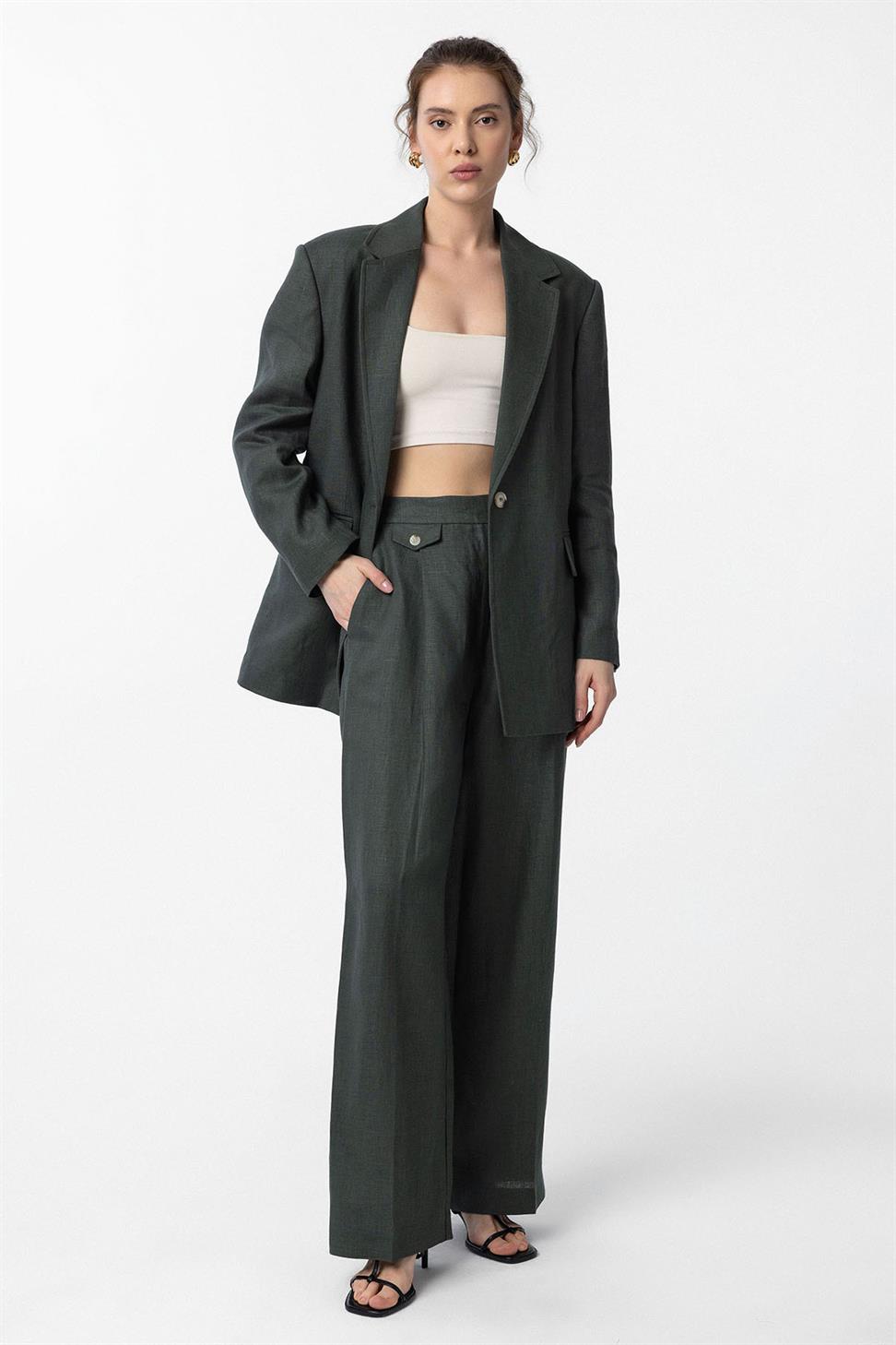 Antioch Haki 100% Keten Kadın Blazer Ceket