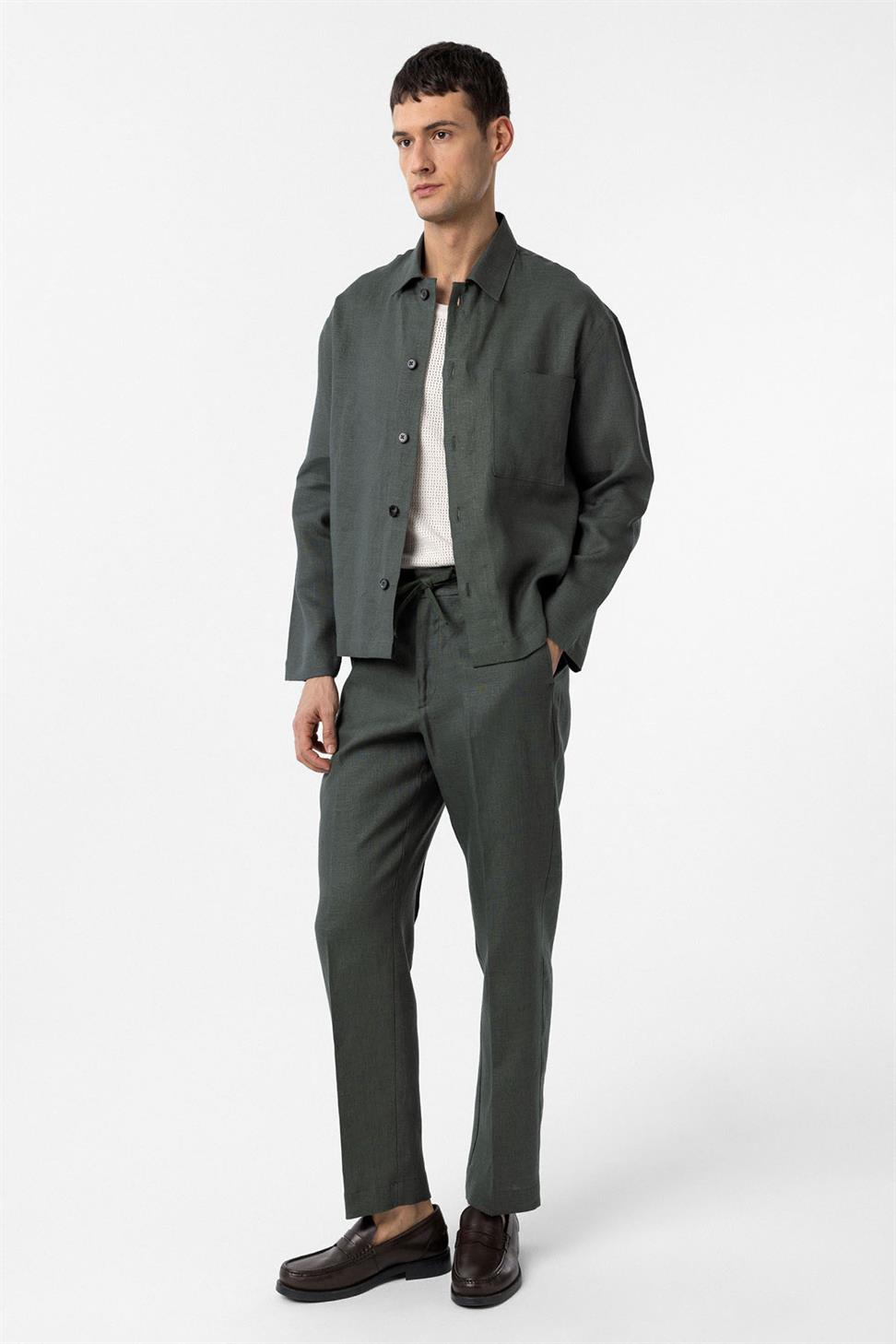 Antioch Haki 100% Keten Relax Fit Erkek İnce Ceket