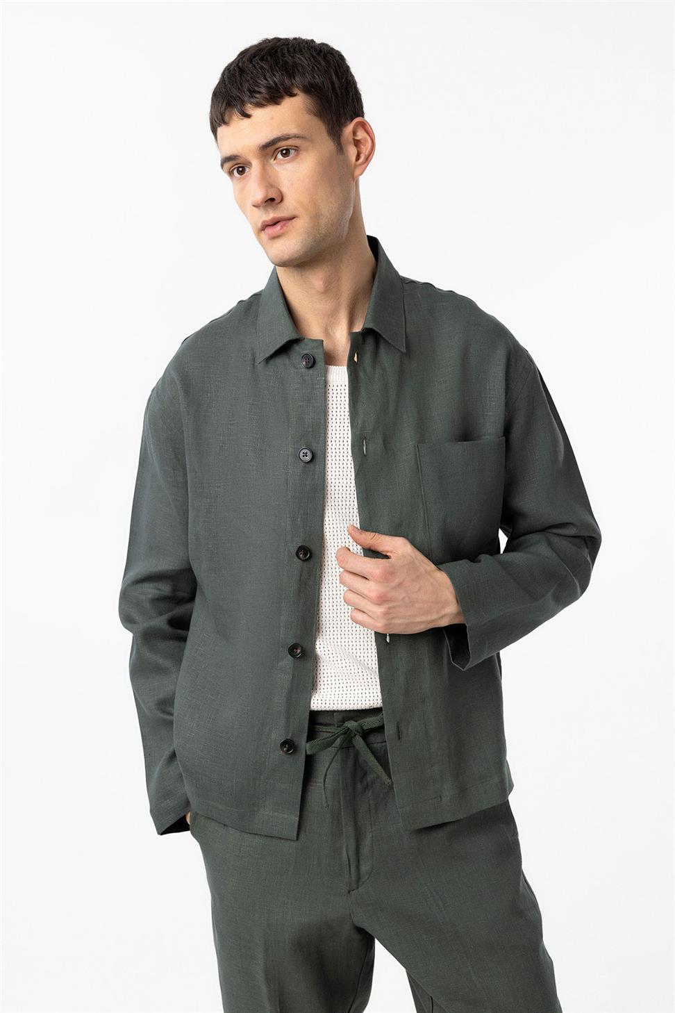 Antioch Haki 100% Keten Relax Fit Erkek İnce Ceket