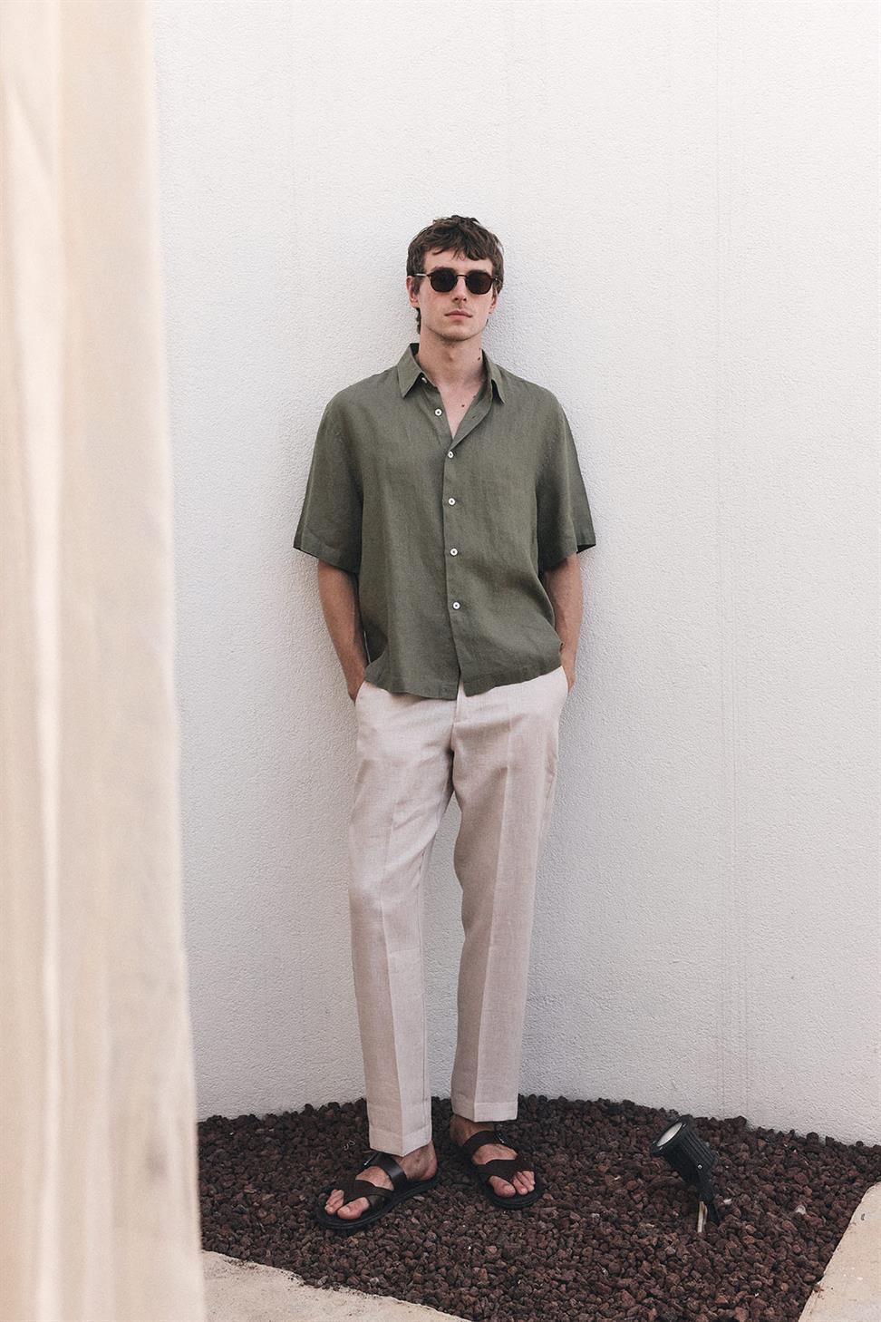 Antioch Haki 100% Keten Relaxed Erkek Gömlek