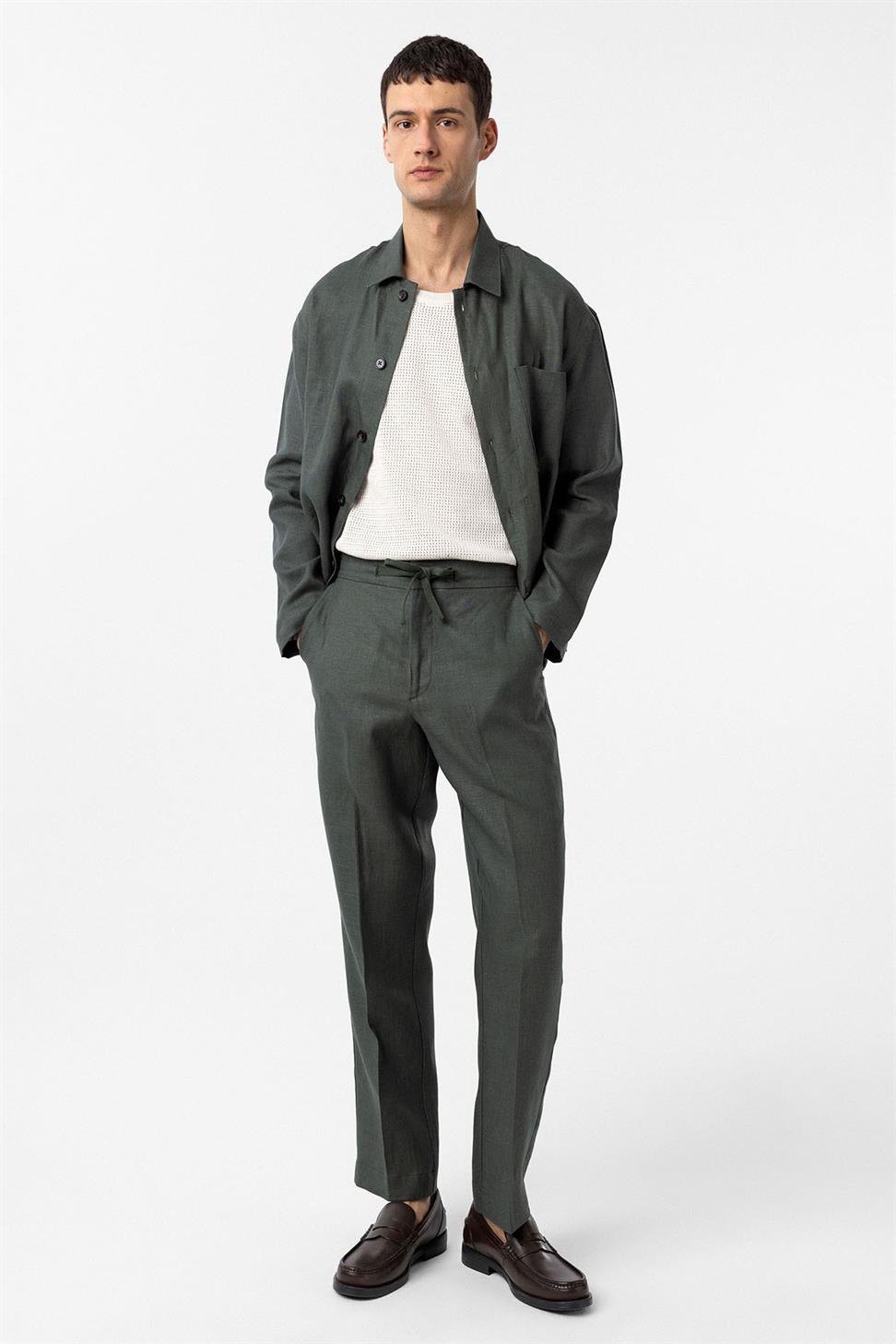 Antioch Haki 100% Keten Yüksek Bel Erkek Pantolon