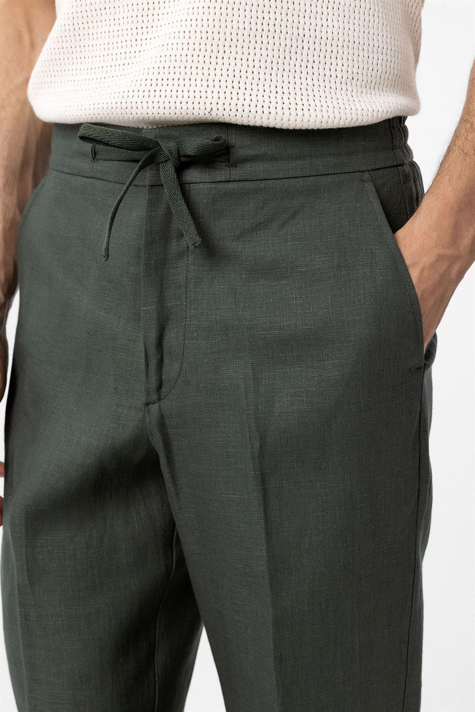 Antioch Haki 100% Keten Yüksek Bel Erkek Pantolon