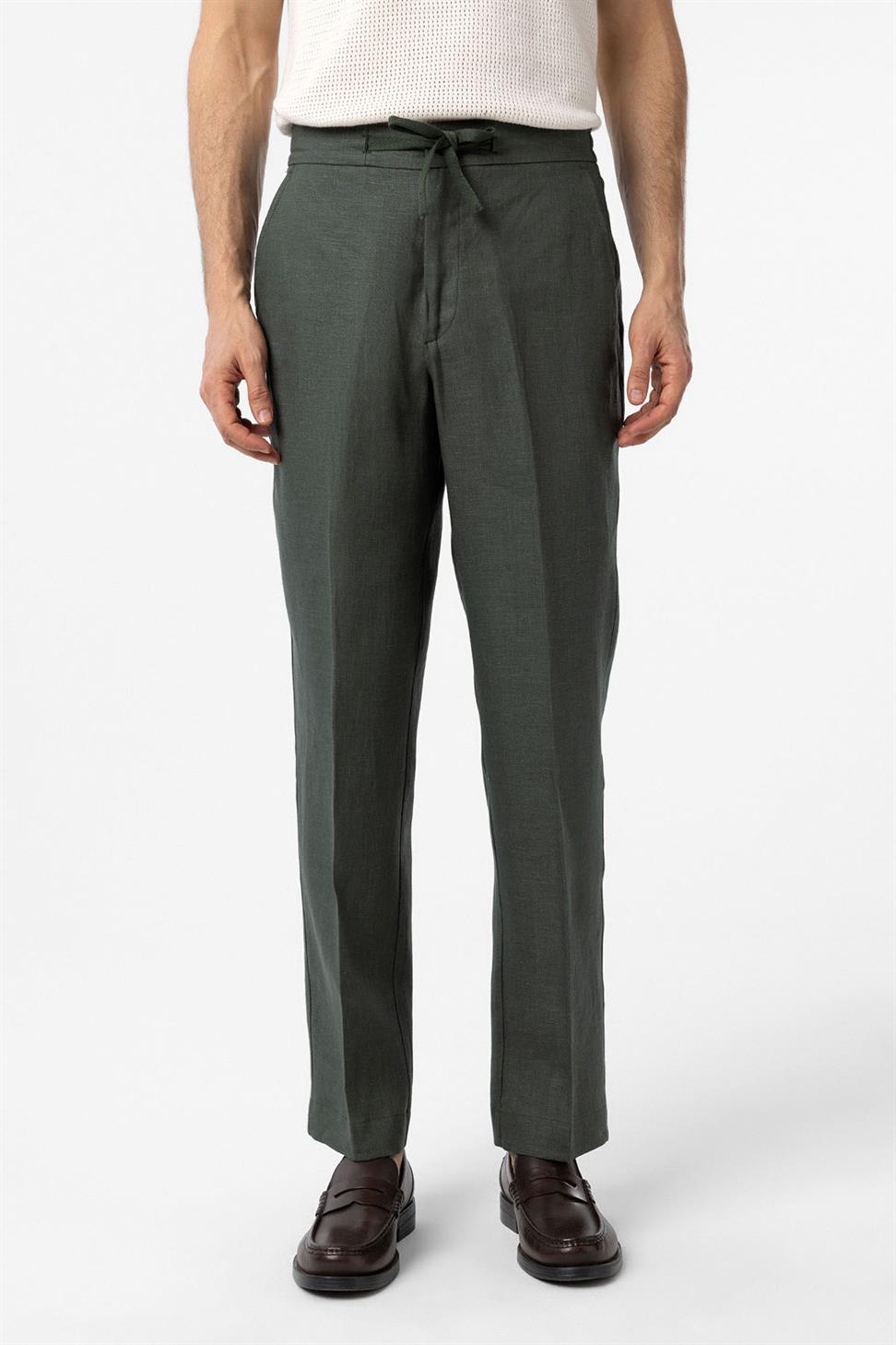 Antioch Haki 100% Keten Yüksek Bel Erkek Pantolon