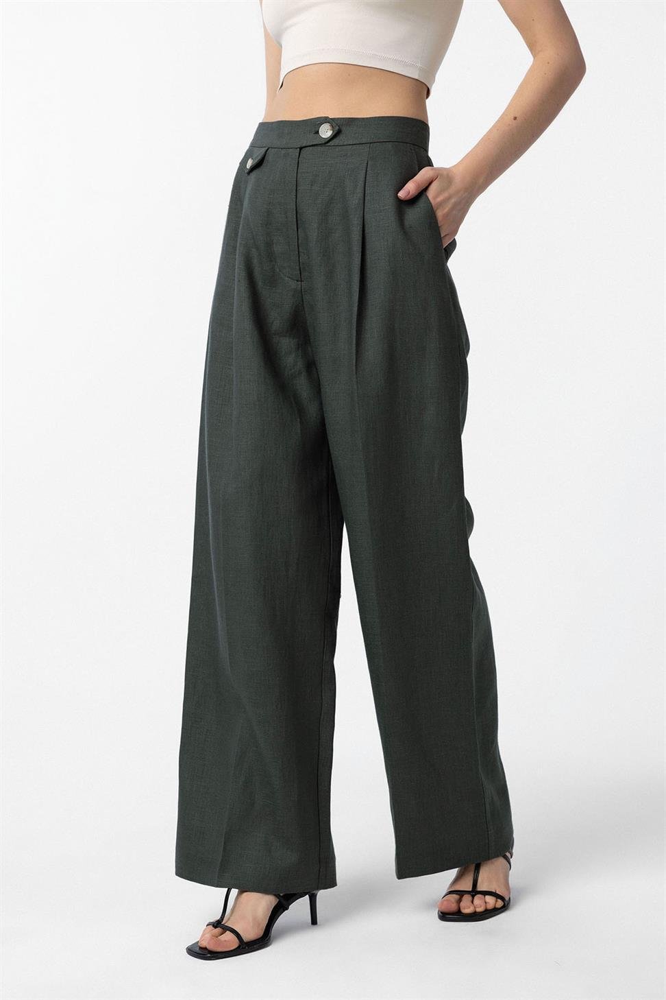 Antioch Haki 100% Keten Yüksek Bel Pilili Kadın Pantolon