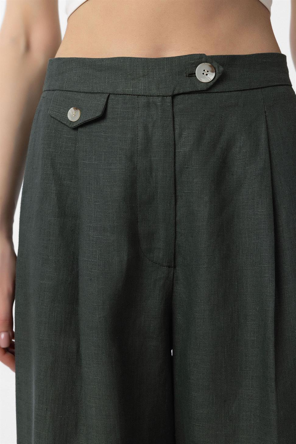 Antioch Haki 100% Keten Yüksek Bel Pilili Kadın Pantolon