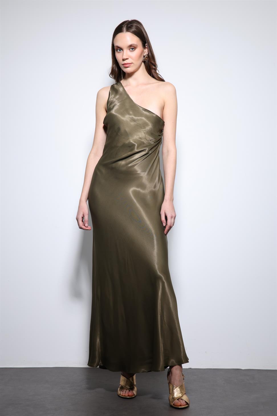 Antioch Haki Asimetrik Yaka Saten Uzun Elbise