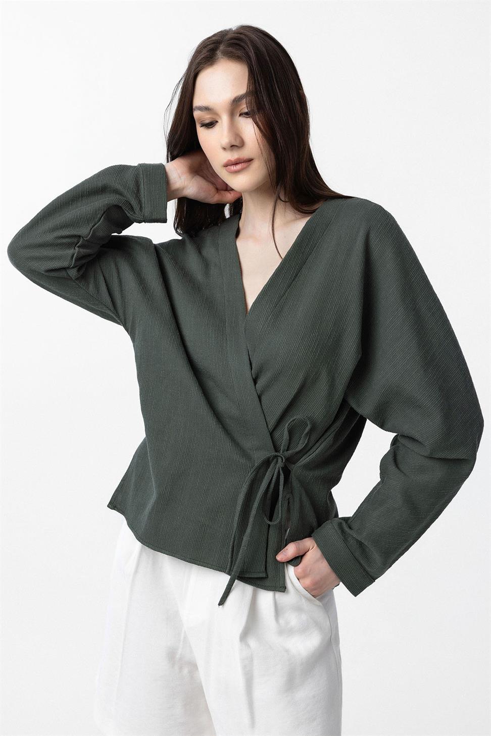 Antioch Haki Bağlamalı Kimono Kadın Gömlek