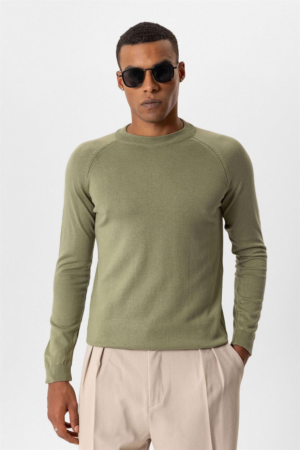 Antioch Haki Bisiklet Yaka Slim Fit Triko Kazak