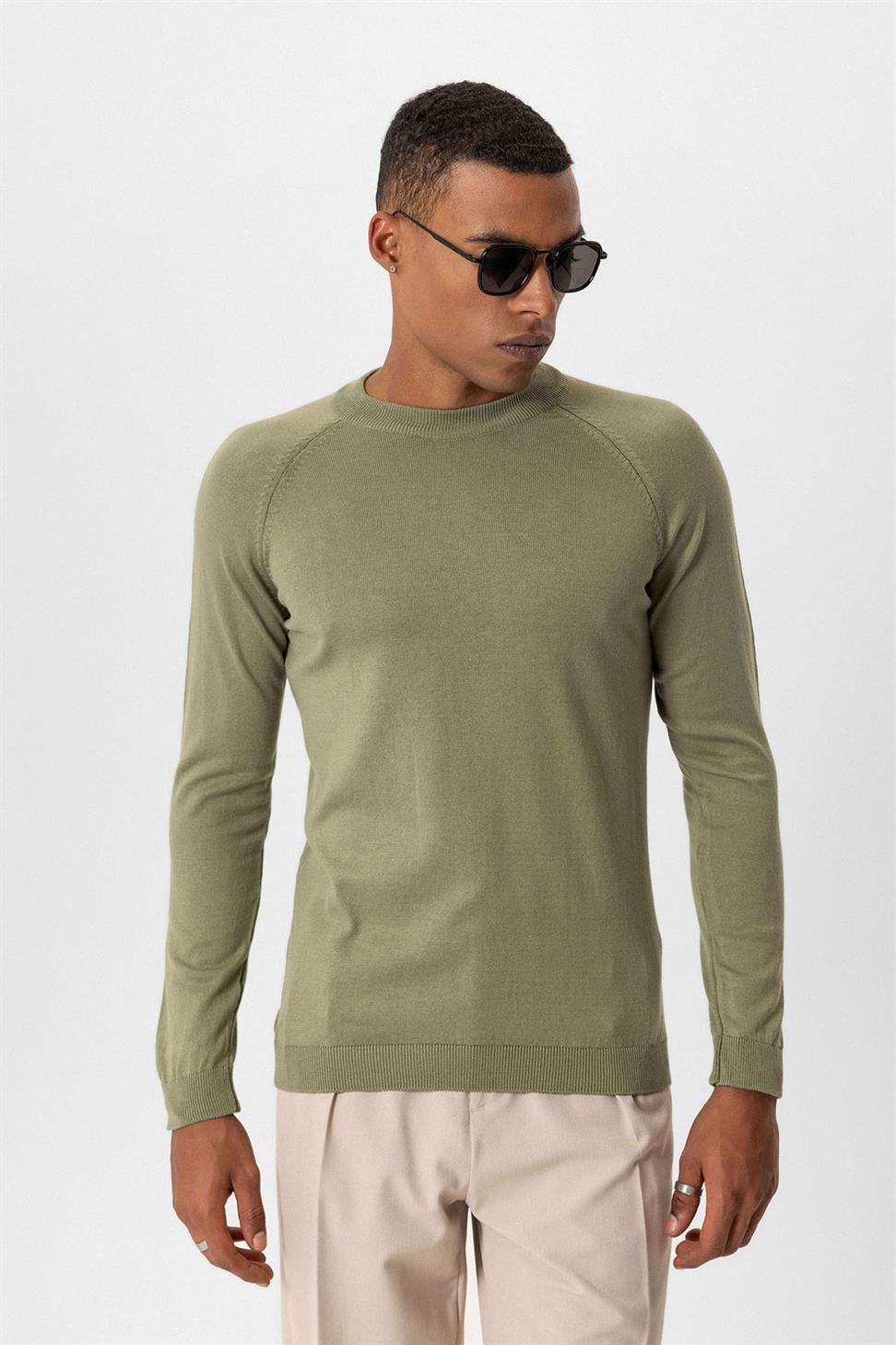 Antioch Haki Bisiklet Yaka Slim Fit Triko Kazak