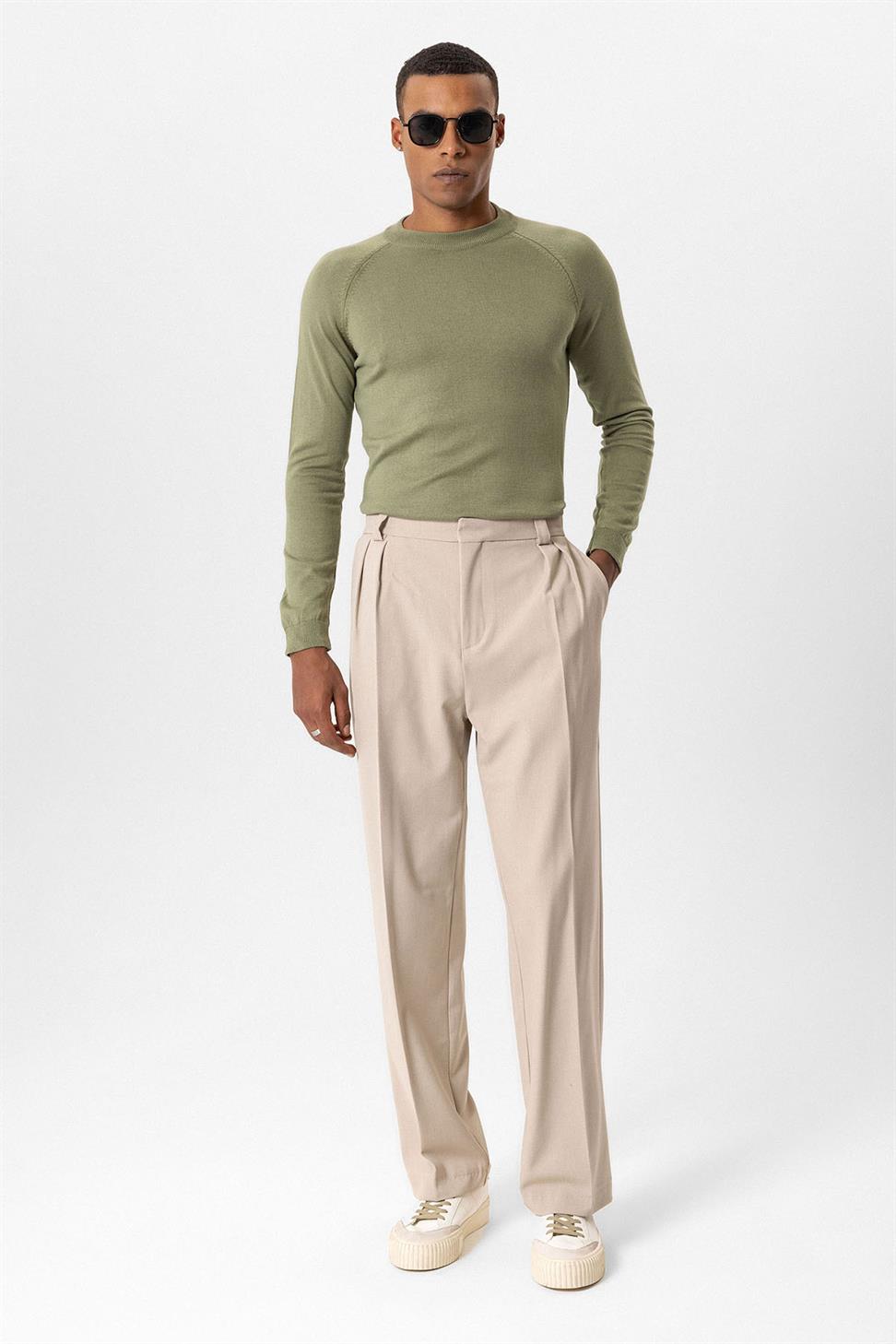 Antioch Haki Bisiklet Yaka Slim Fit Triko Kazak