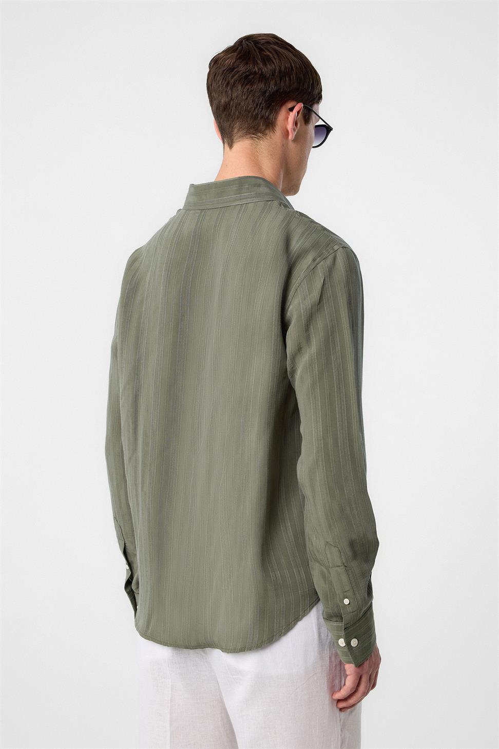 Antioch Haki Çizgili ve Dokulu Erkek Gömlek