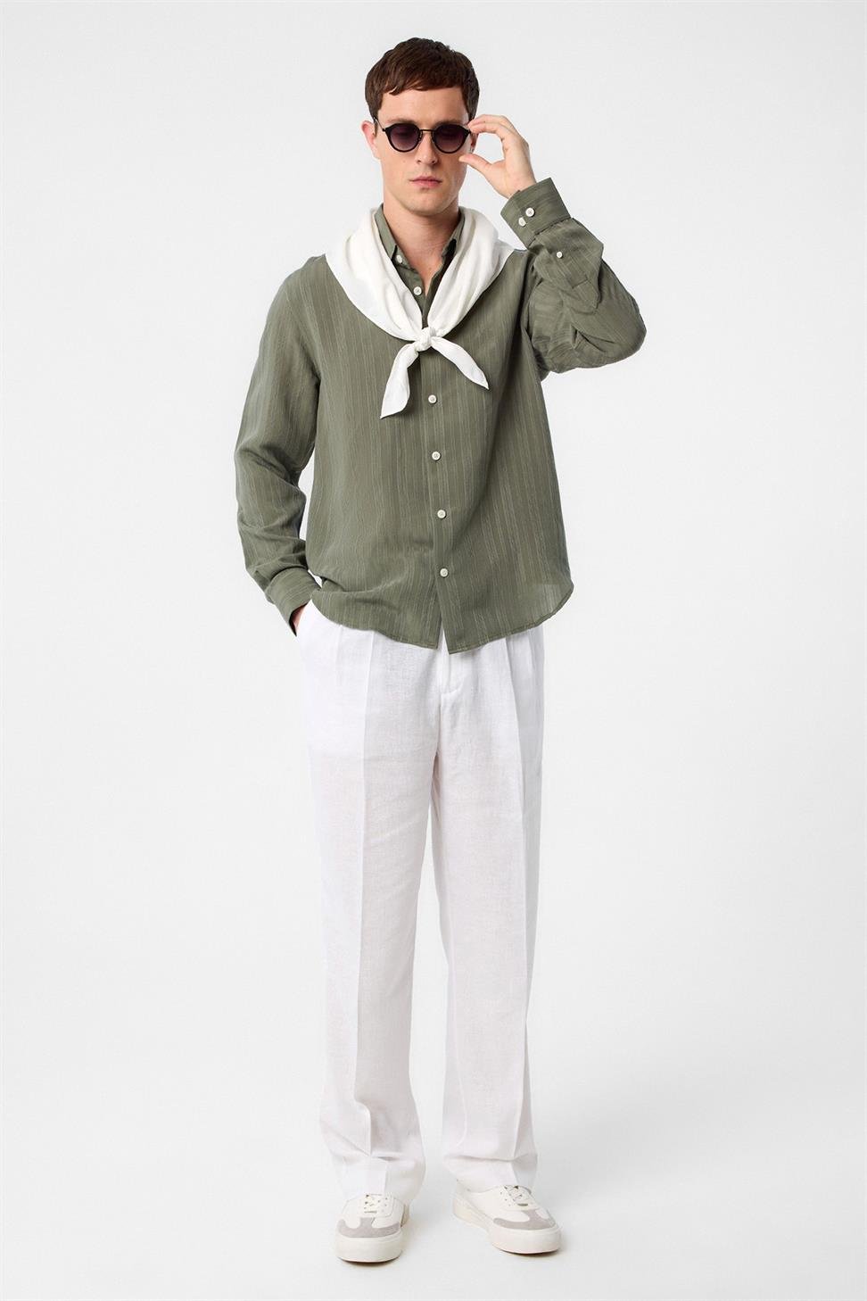 Antioch Haki Çizgili ve Dokulu Erkek Gömlek