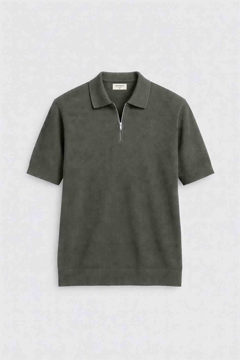 Antioch Haki Comfort Slim Fermuarlı Erkek Triko T-Shirt