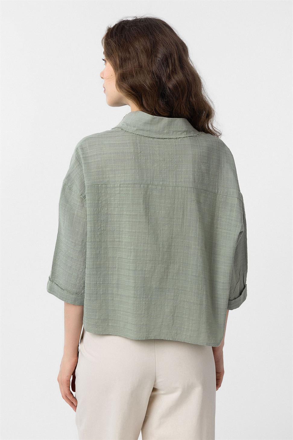 Antioch Haki Crop Dokulu Kadın Gömlek