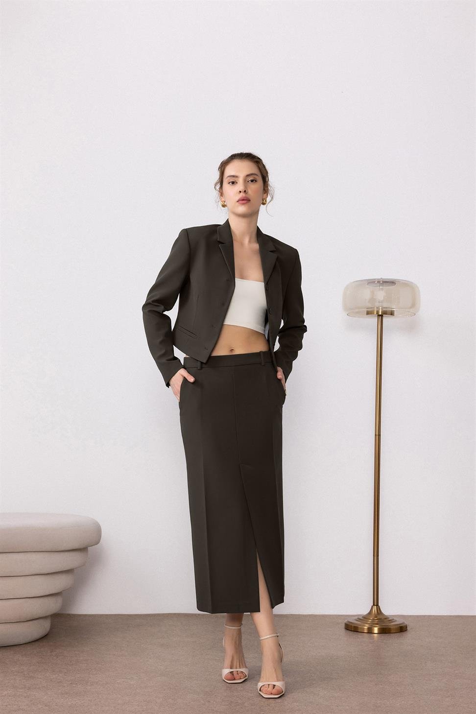 Antioch Haki Crop Kadın Blazer Ceket