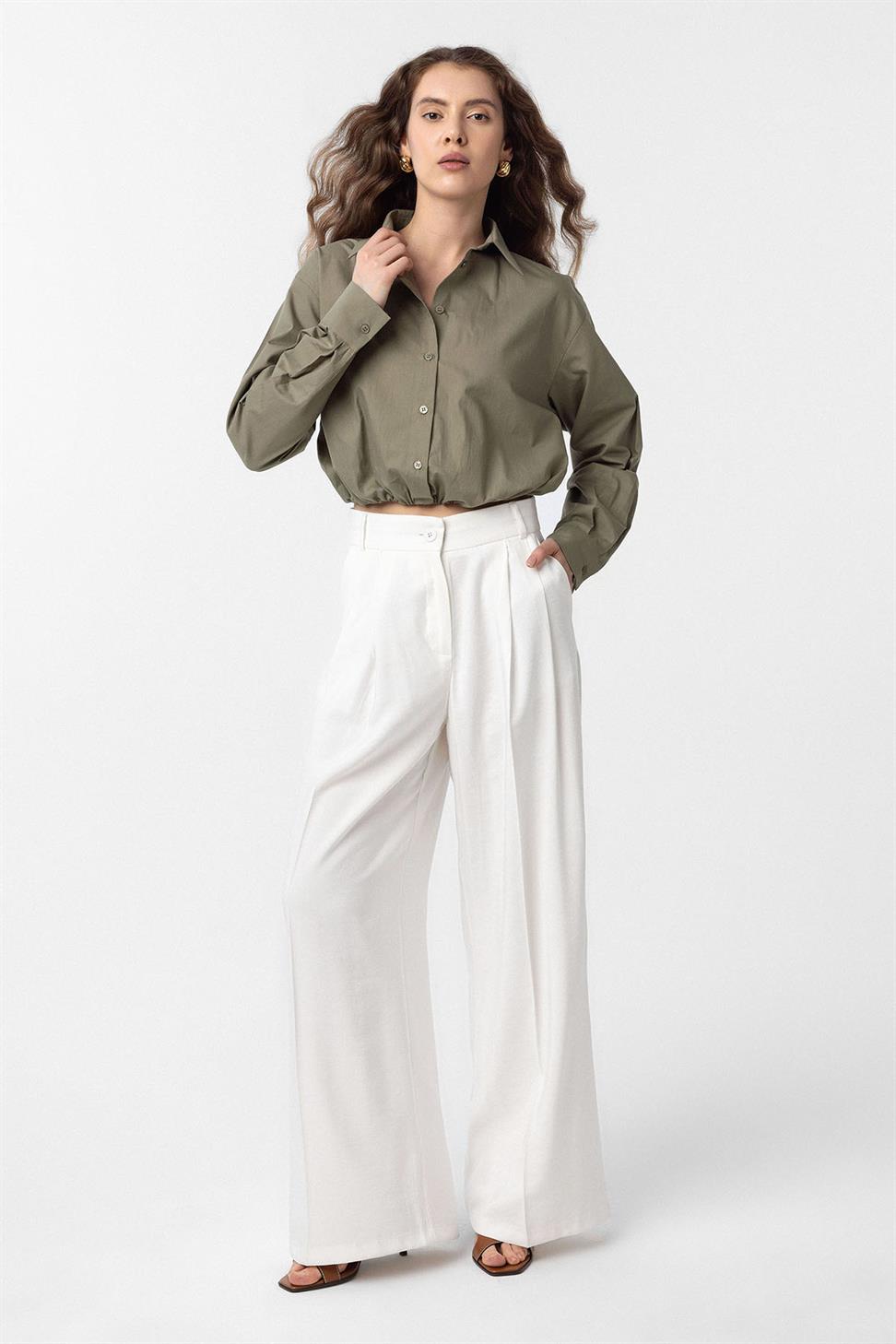 Antioch Haki Crop Poplin Kadın Gömlek