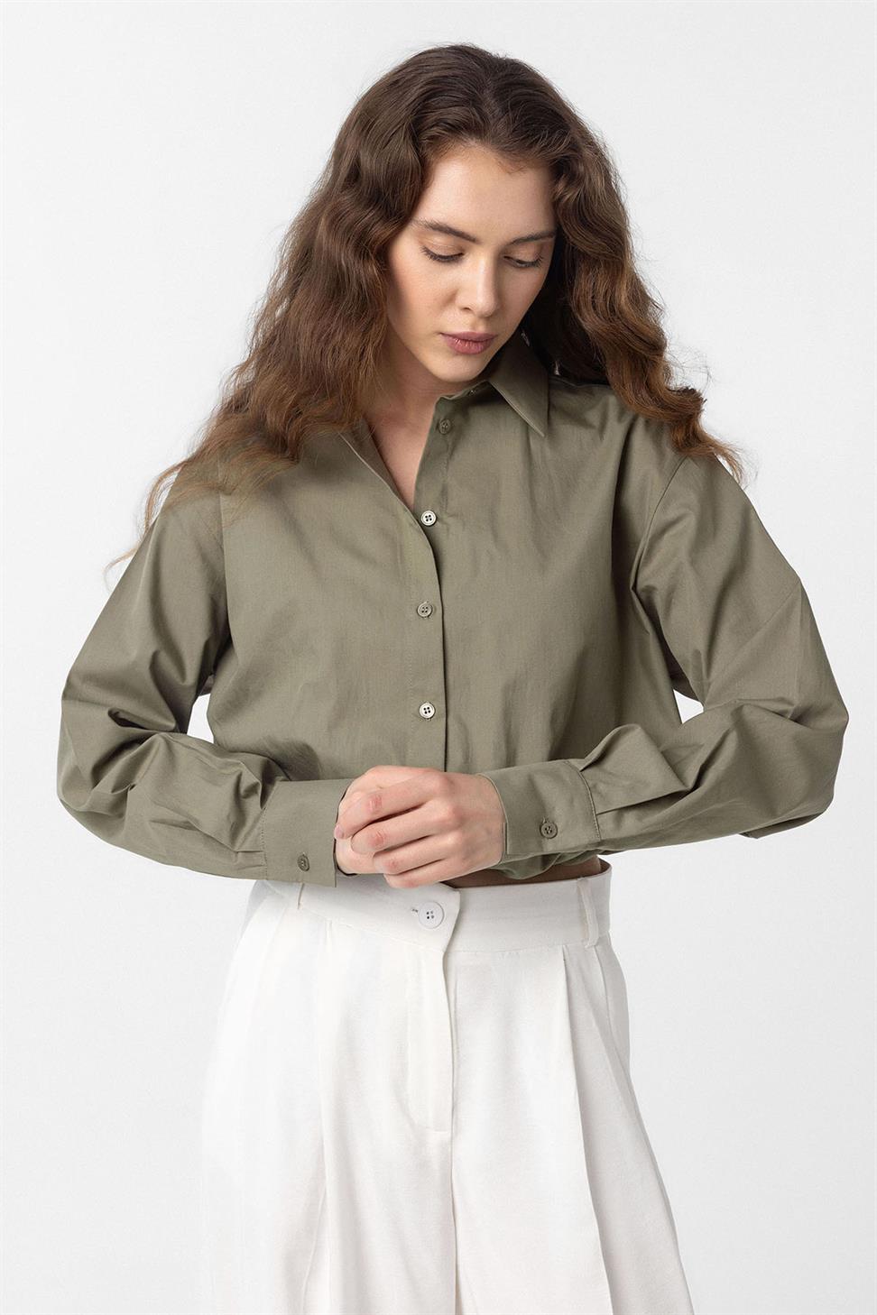 Antioch Haki Crop Poplin Kadın Gömlek