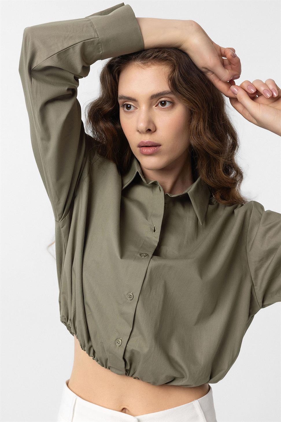 Antioch Haki Crop Poplin Kadın Gömlek