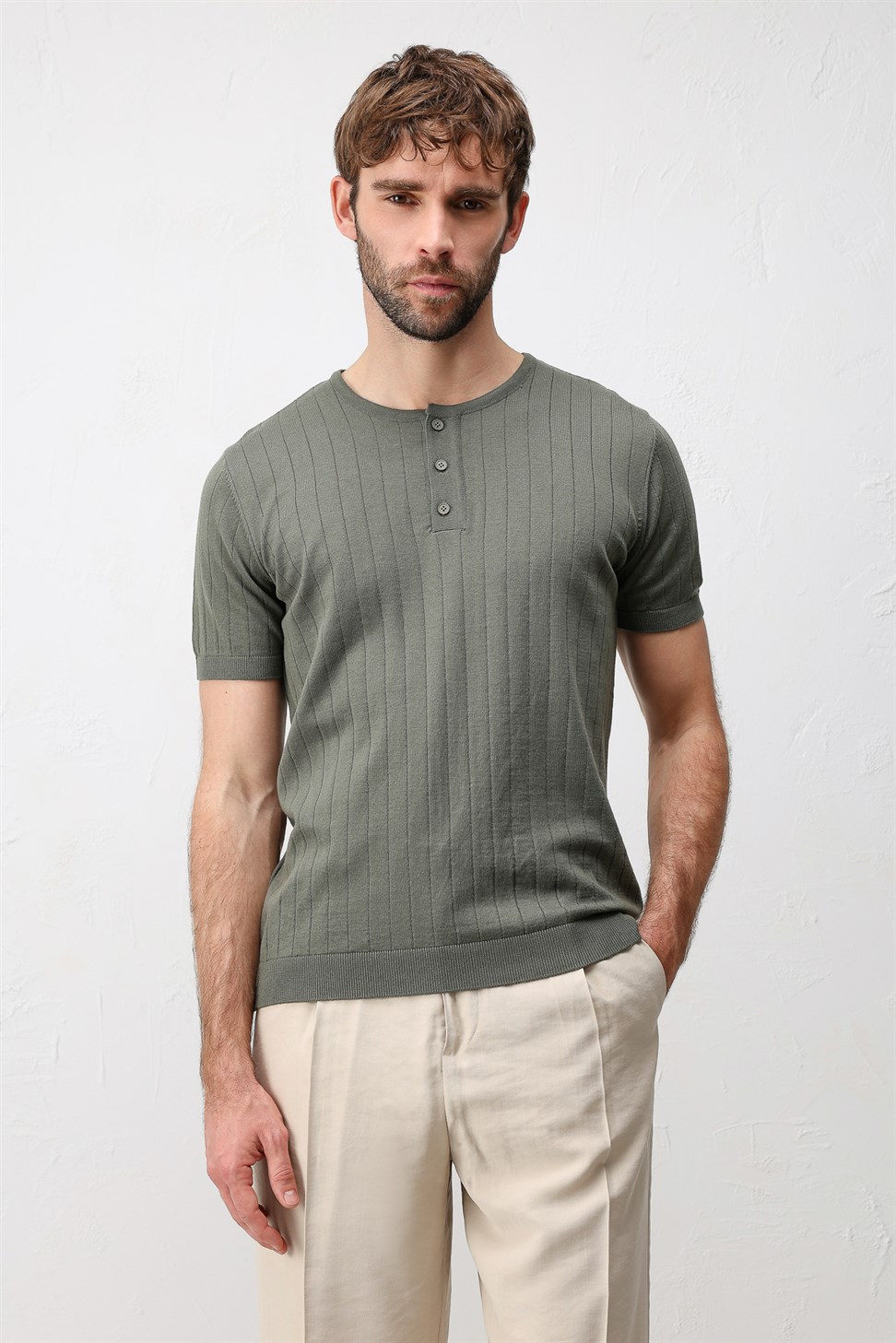 Antioch Haki Dokulu Erkek Triko T-Shirt