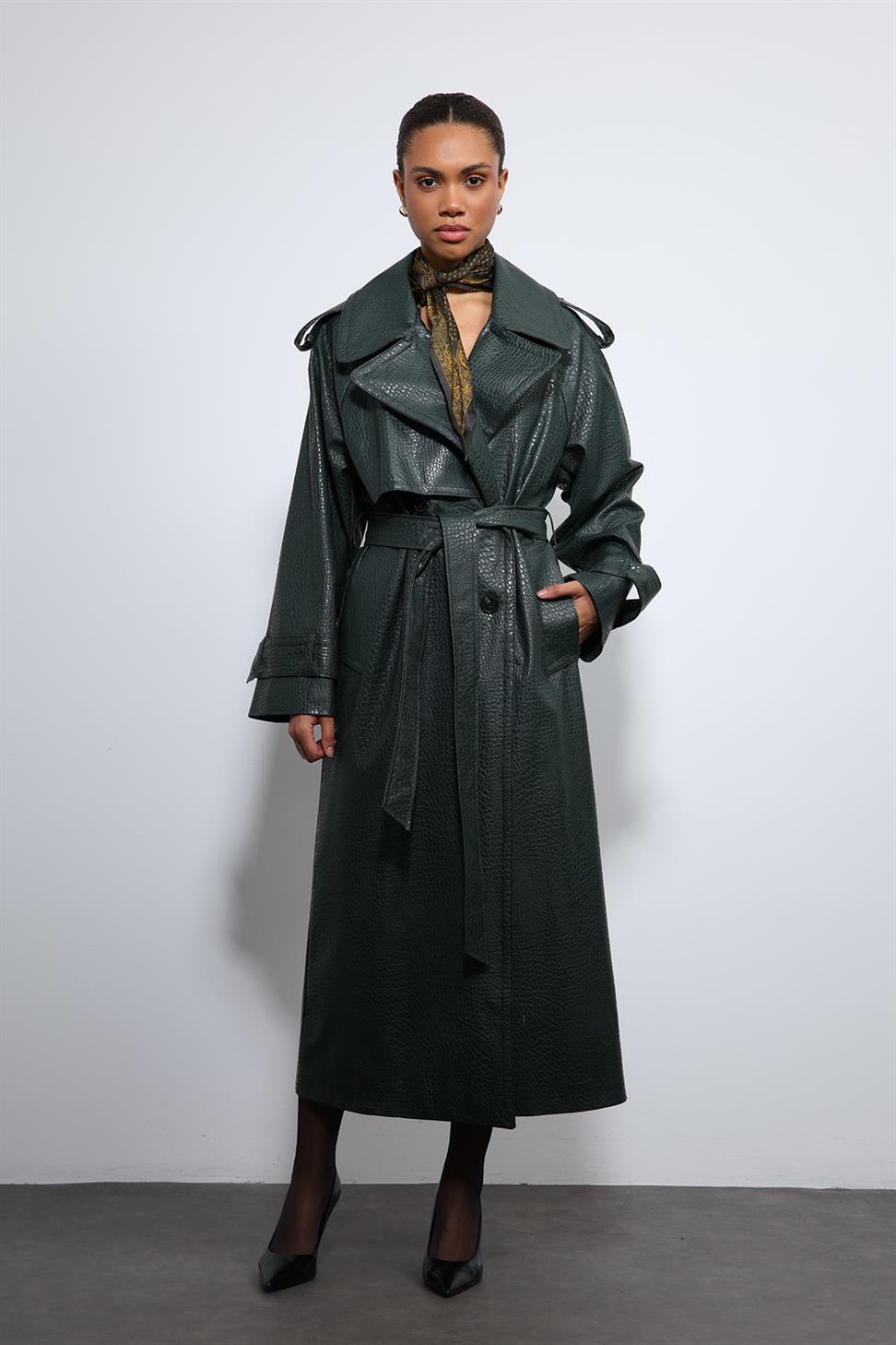 Antioch Haki Dokulu Suni Deri Trençkot