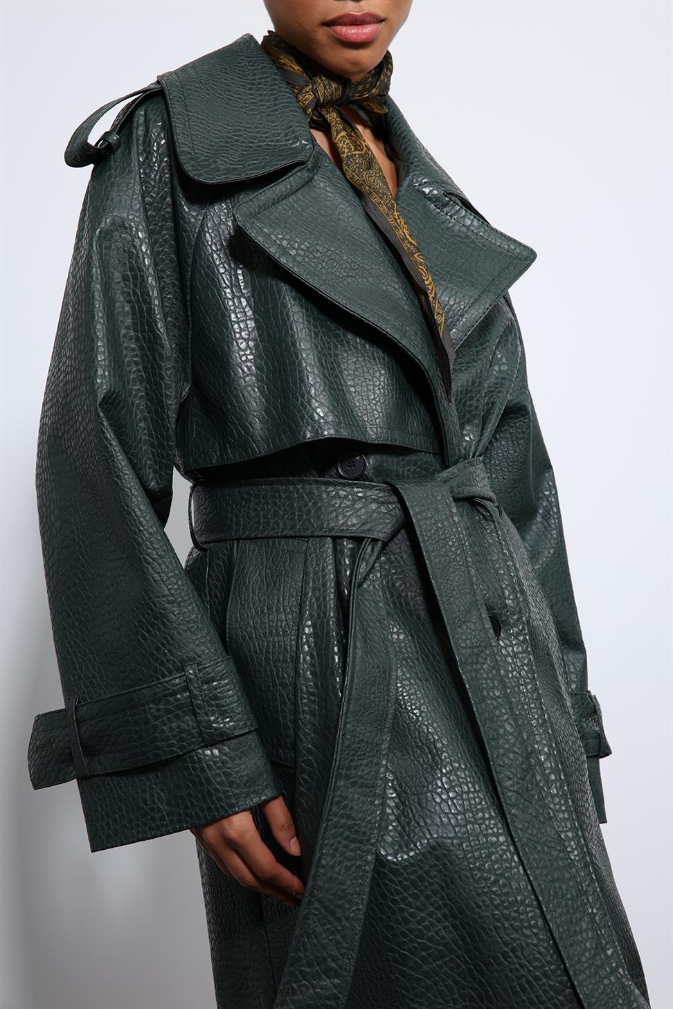 Antioch Haki Dokulu Suni Deri Trençkot